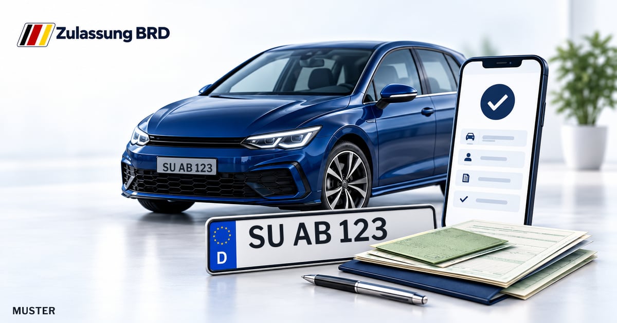 Online Fahrzeugzulassung in Königswinter: Musterkennzeichen SU AB 123, Auto und Fahrzeugpapiere und Smartphone. Illustration mit Logo von Zulassung BRD.